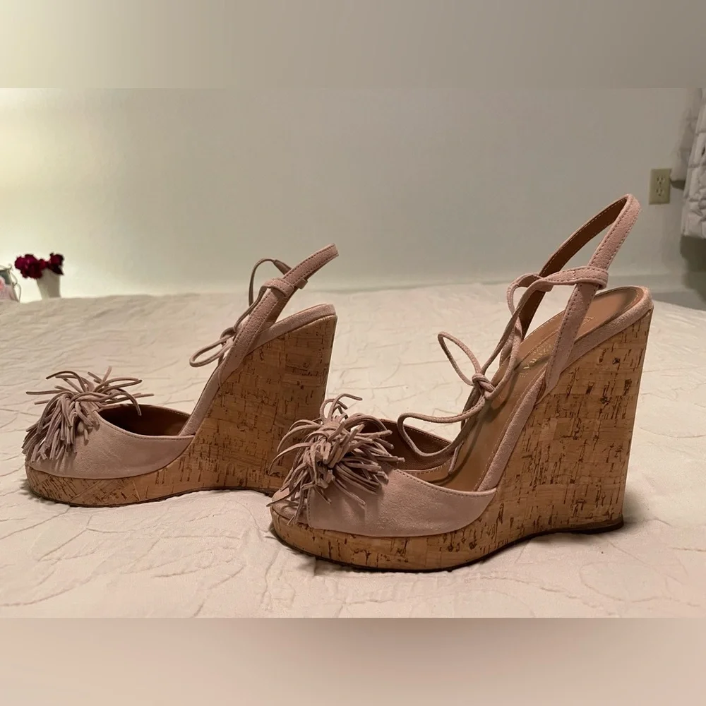 Aquazzura Blush Pink Suede Cork Wedge Sandals